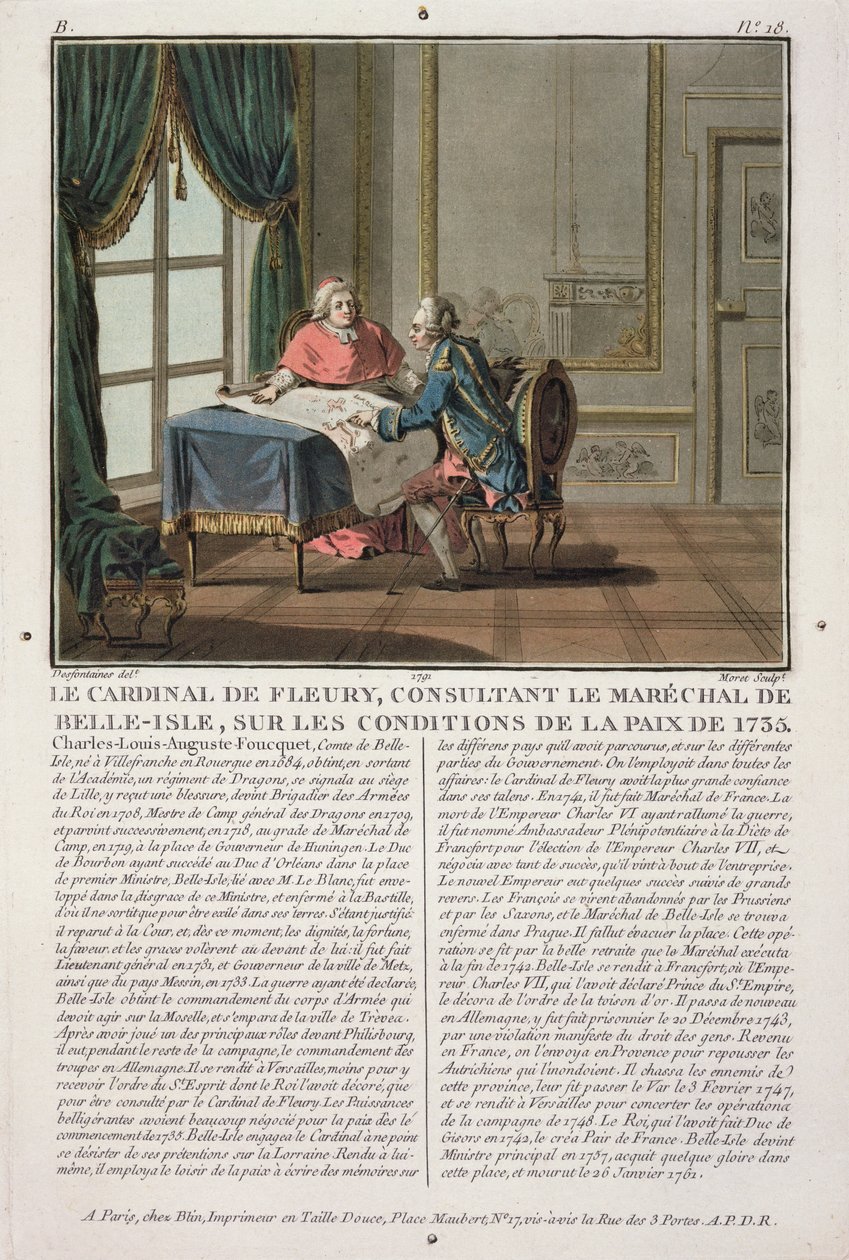 Cardenal de Fleury consulta con Marechal de Belle-Isle sobre las condiciones de la paz, 1735, grabado por Jean Baptiste Morret, 1791 de Jacques Francois Joseph Swebach