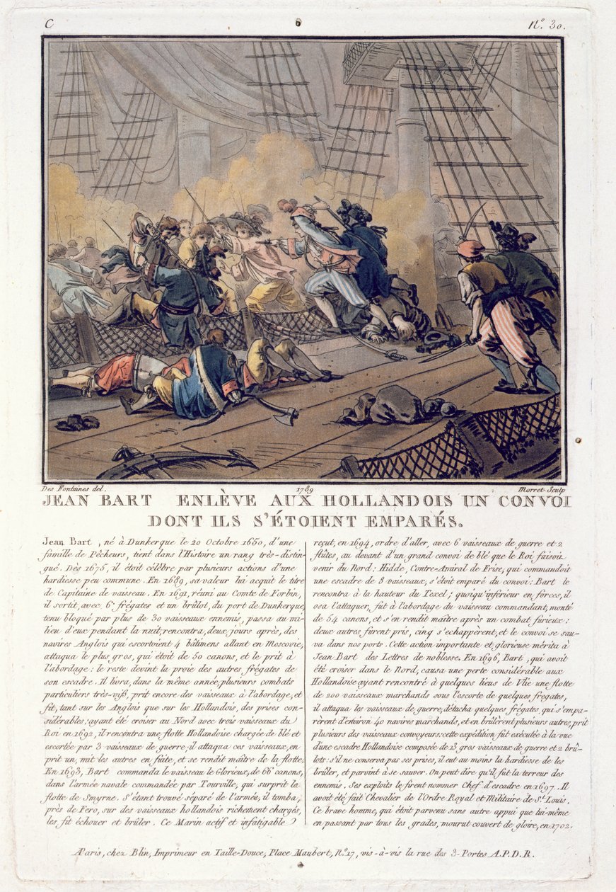 Jean Bart, comandante naval francés capturando el convoy holandés, 1696, grabado por Jean Baptiste Morret, 1789 de Jacques Francois Joseph Swebach