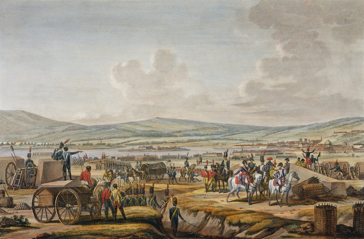 Napoleón visitando las obras de asedio en Danzig liderado por el Mariscal Le Febvre, 9 de mayo de 1807, grabado por François Jacques Dequevauviller de Jacques Francois Joseph Swebach