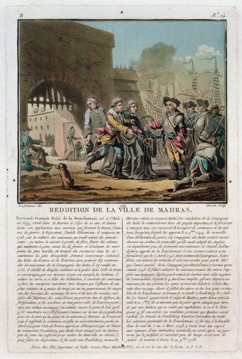 Rendición de la ciudad de Madrás, 1746, grabado por Jean Baptiste Morret, 1789 de Jacques Francois Joseph Swebach