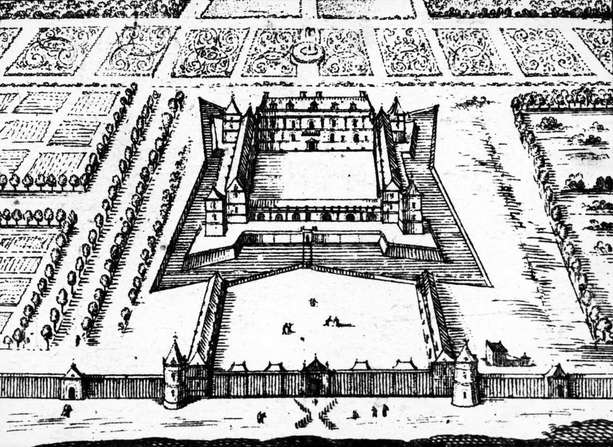 Vista del pabellón de caza real en Versalles como era a finales de la década de 1620 y 1630, construido para el Rey Luis XIII, 1652 de Jacques Gomboust