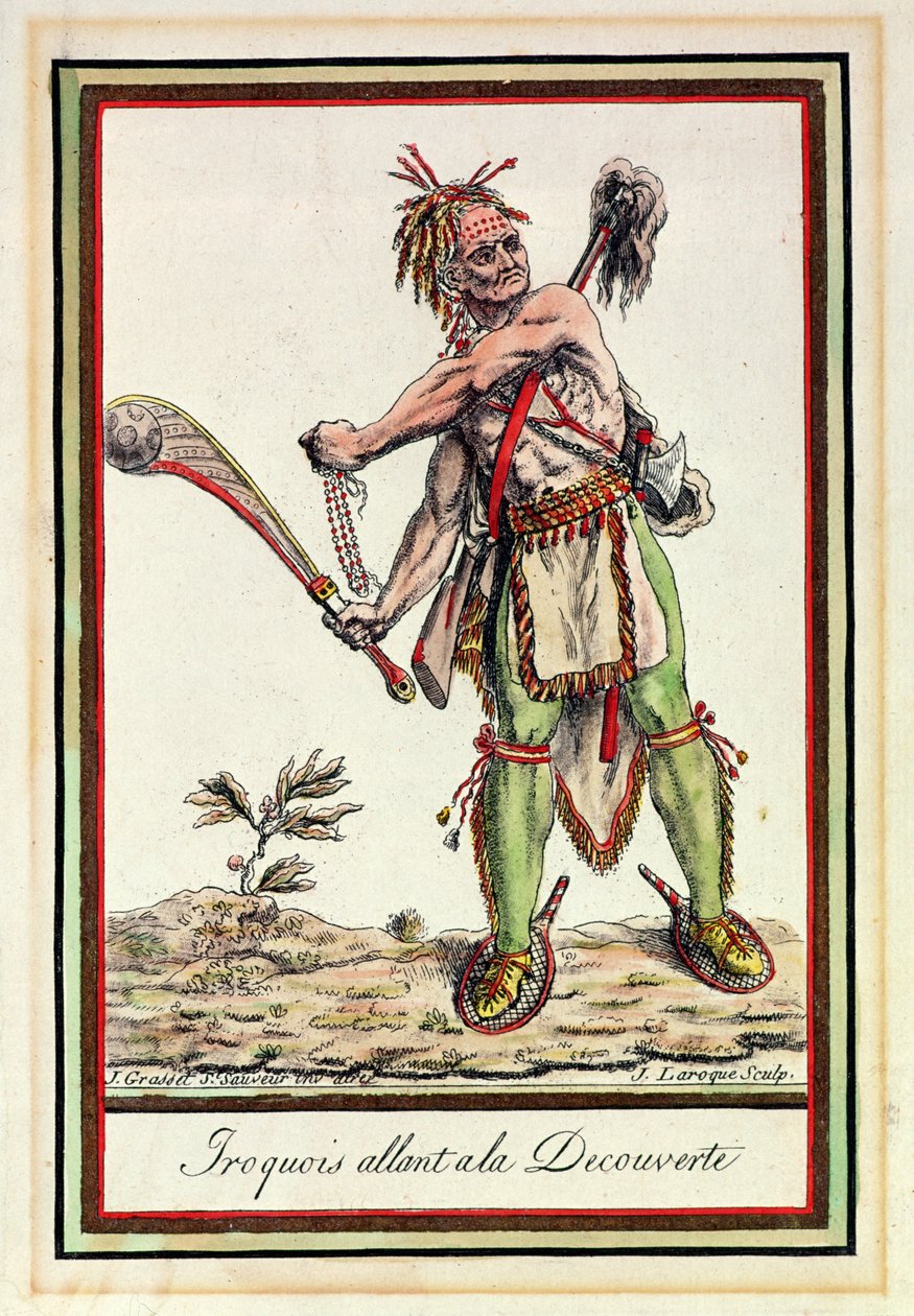 Iroqueses partiendo en una expedición, grabado por J. Laroque de Jacques Grasset de Saint Sauveur