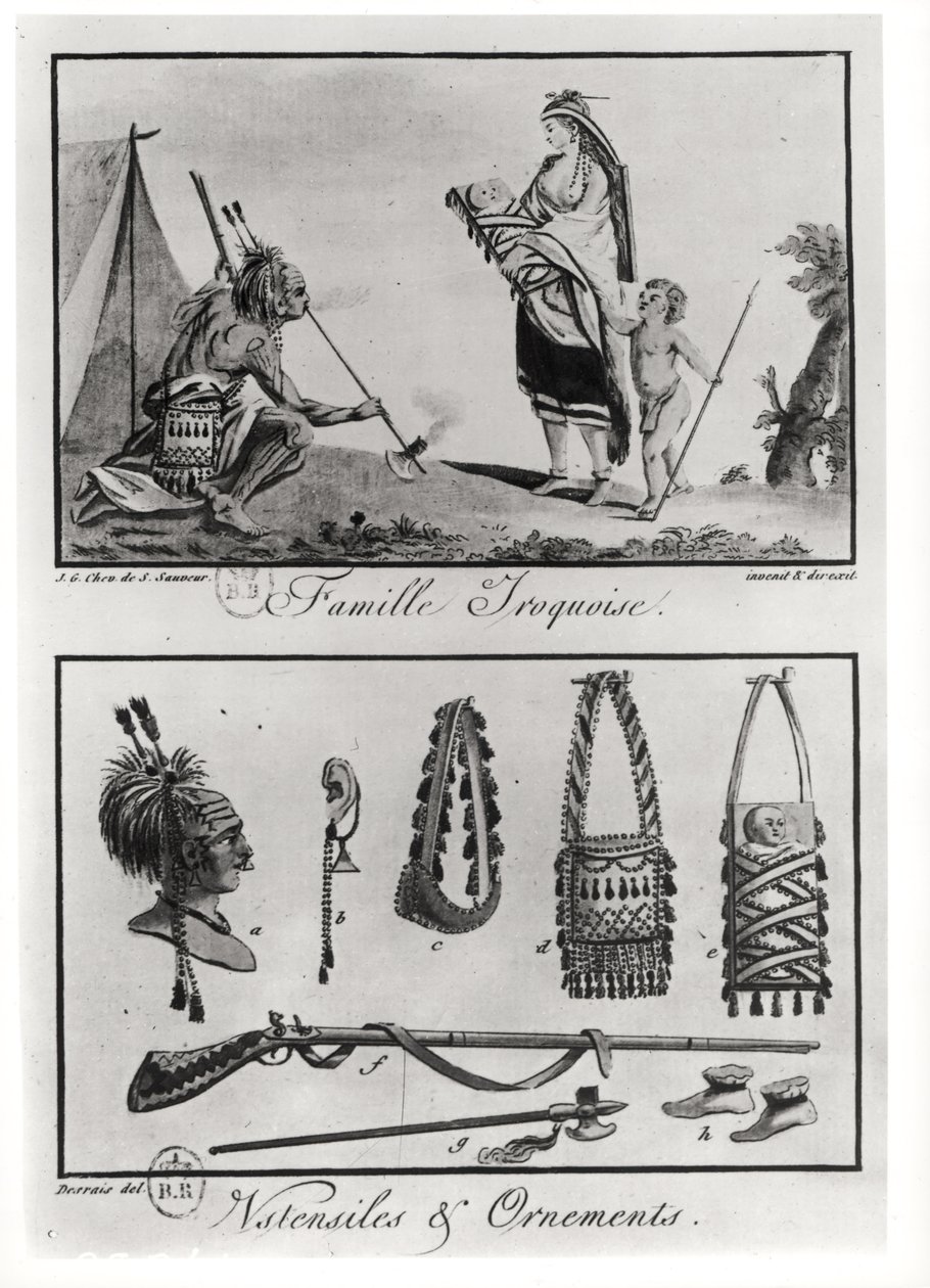 Familia iroquesa, armas y ornamentos, de 