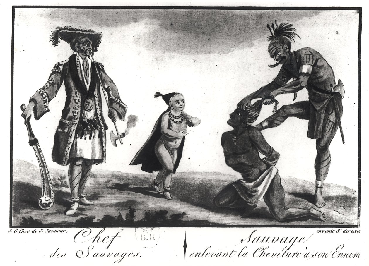 El jefe de los salvajes vestido como un europeo, un niño y un salvaje escalpando a su enemigo, de 