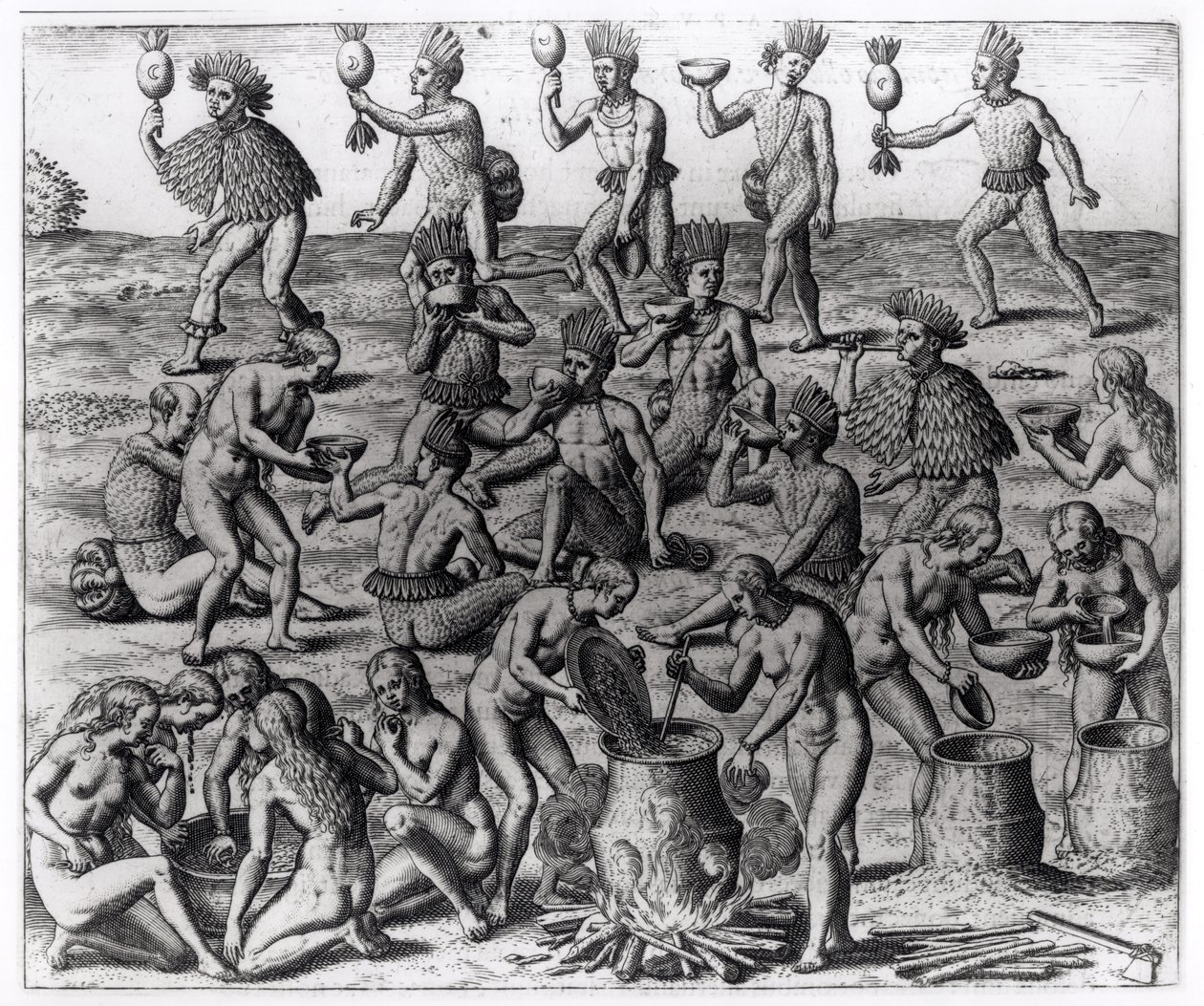 Mujeres indias preparando raíz de mandioca, grabado por Theodore de Bry (1528-98), de 