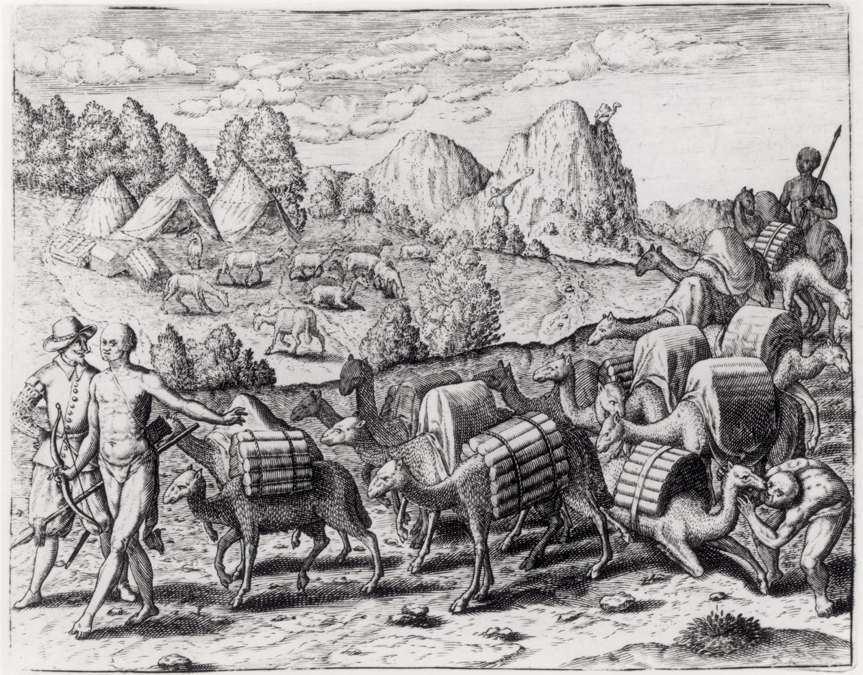 Tren de llamas cargadas con plata de las minas de Potosí, Perú, grabado por Theodore de Bry (1528-98), de 