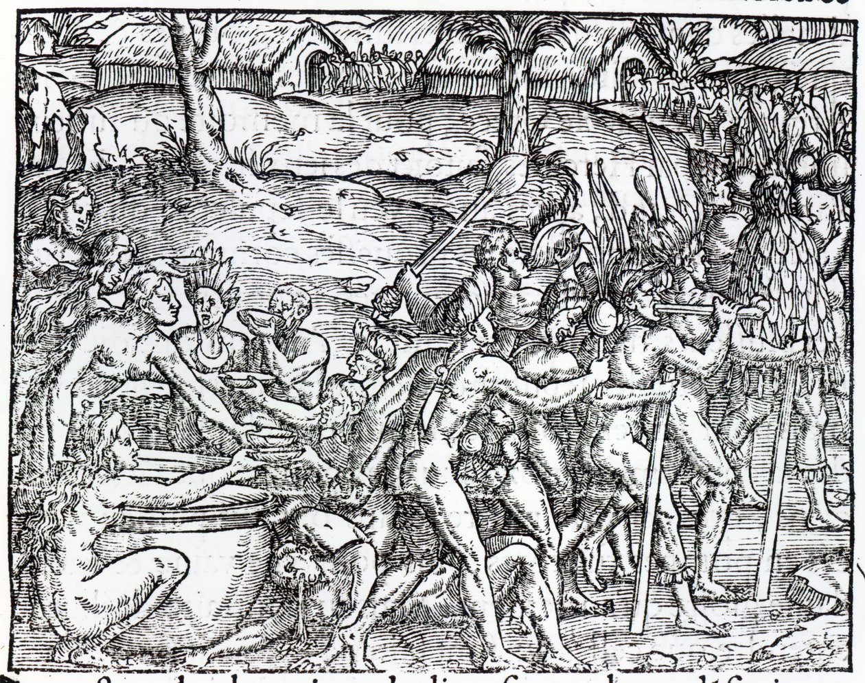 Procesión de nativos bebiendo y fumando, grabado por Theodor de Bry (1525-75) de Jacques Le Moyne