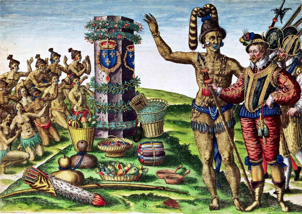 René Goulaine de Laudonnière (c.1529-82) y el jefe Athore frente a la columna de Ribault, de 