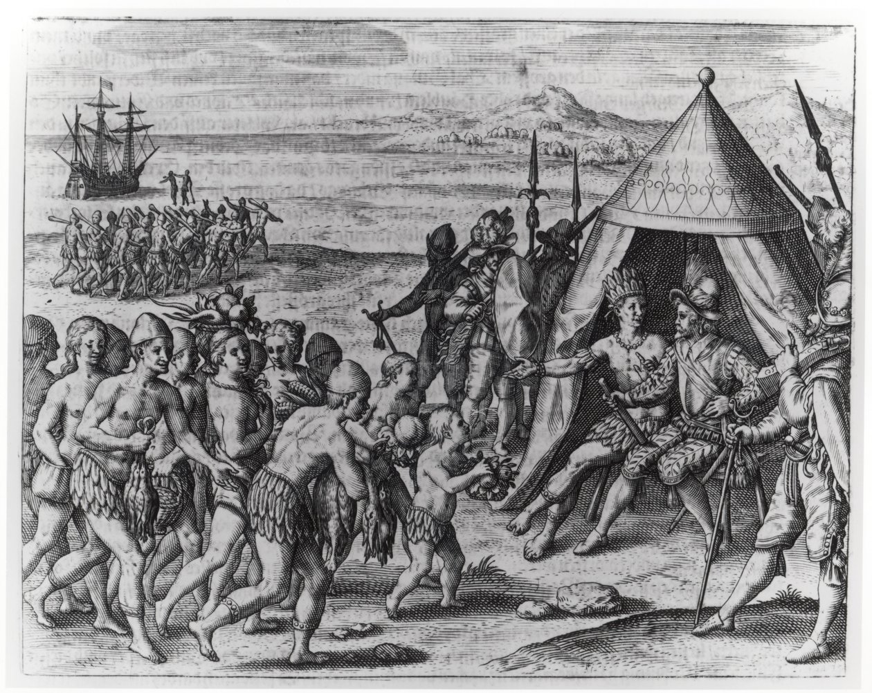 Sir Walter Raleigh (1554-1618) tratando de establecer amistad con el Rey Arromaia de Guayana, de 