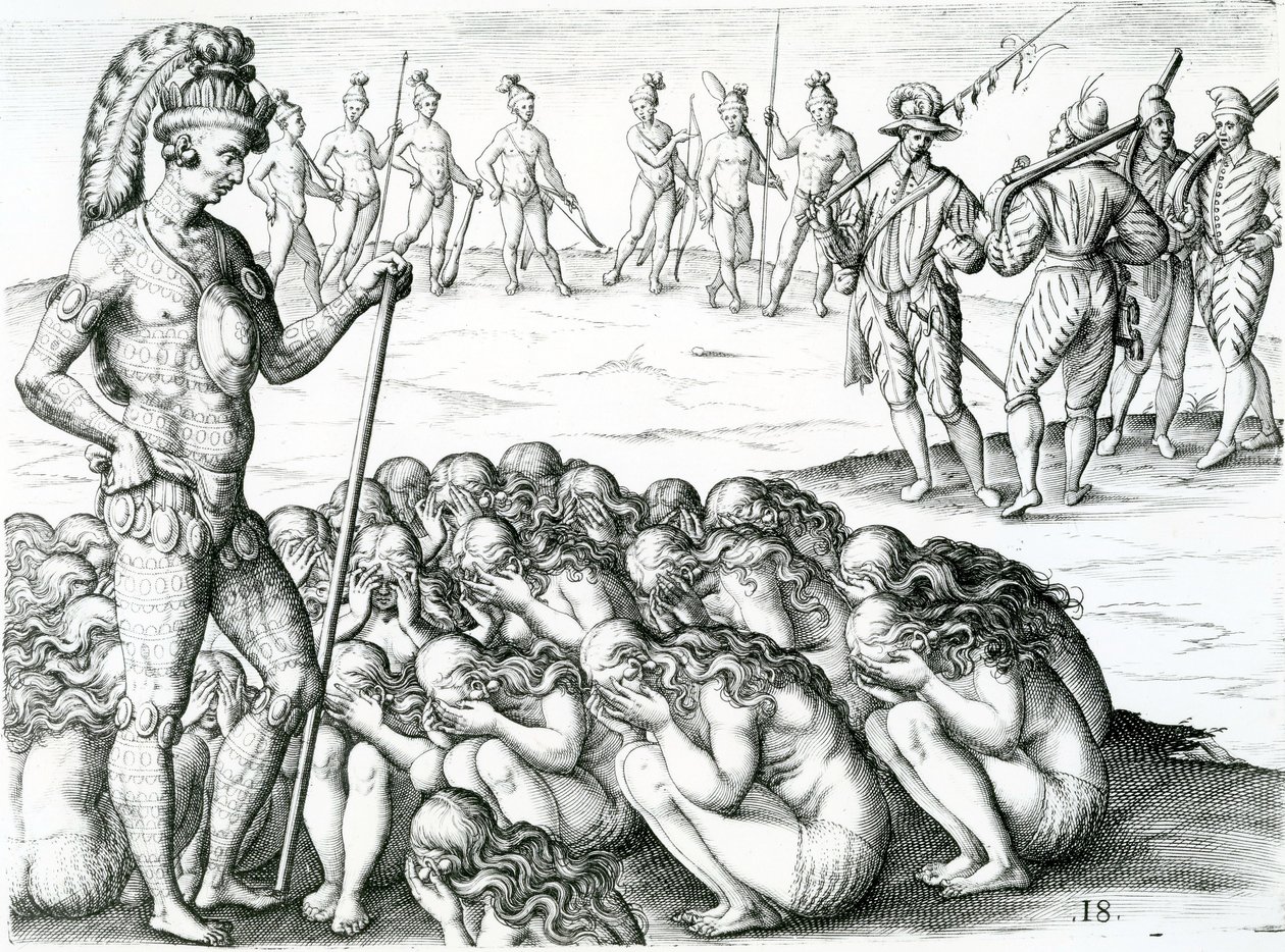 morbo sublati postulata a Rege, ilustración tomada de Brevis narratio eorvm qvae in Florida Americae provicia Gallis acciderunt 1591 de Jacques Le Moyne