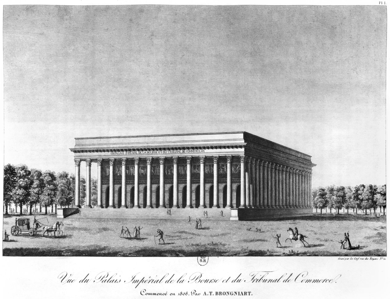 Vista del Palacio Imperial de la Bolsa y el Tribunal de Comercio, París, principios del siglo XIX de Jacques Louis Constant Le Cerf