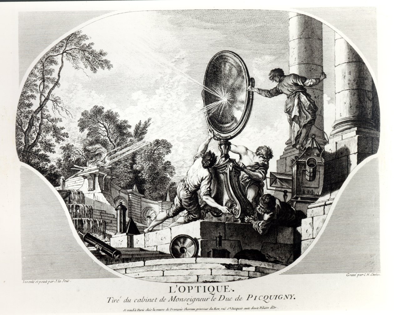 Espejo ardiente, alegoría de la Óptica, grabado por Charles Nicolas Cochin (1715-90) de Jacques de Lajoüe