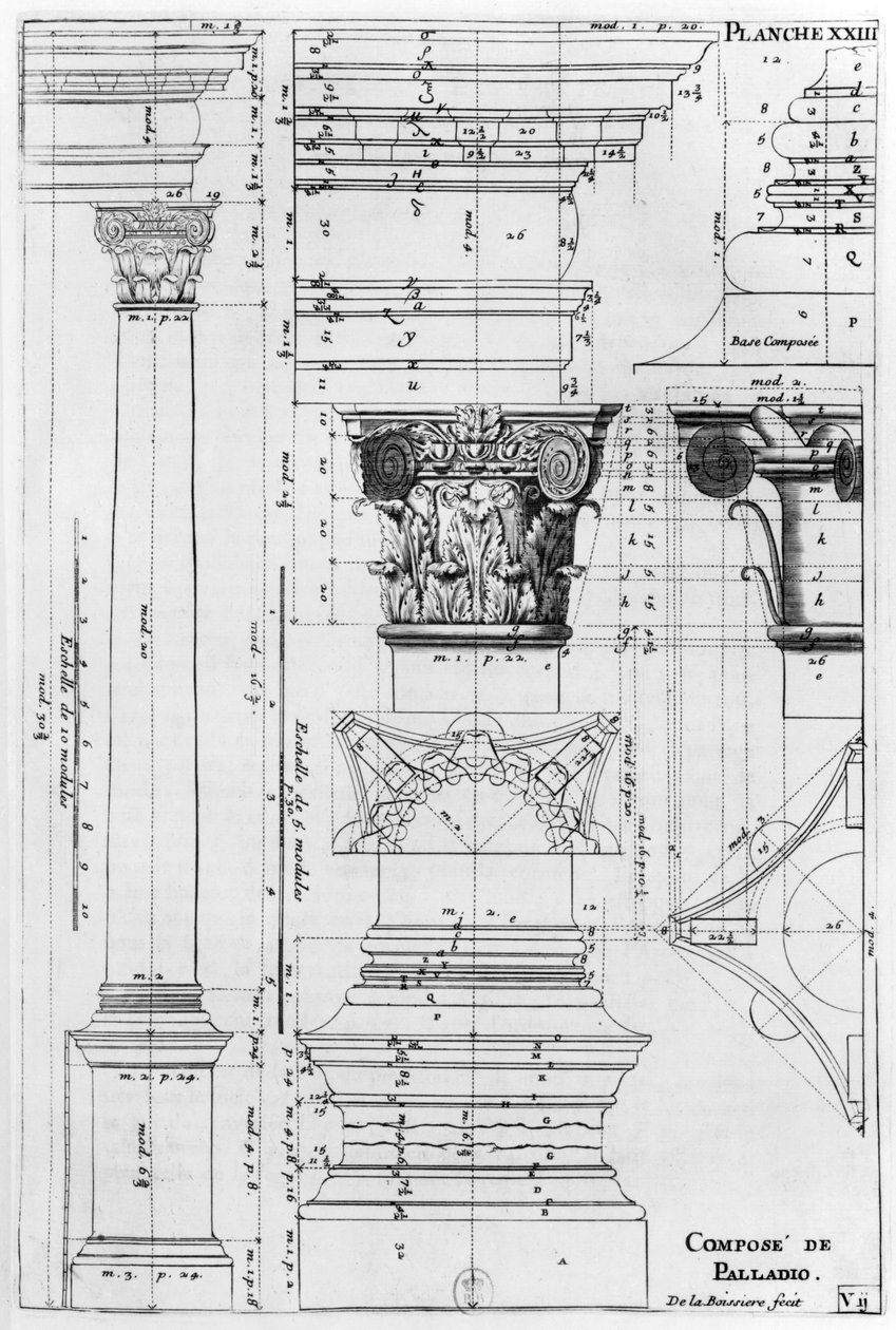 Sección y elevación de una columna compuesta diseñada por Andrea Palladio, ilustración de 