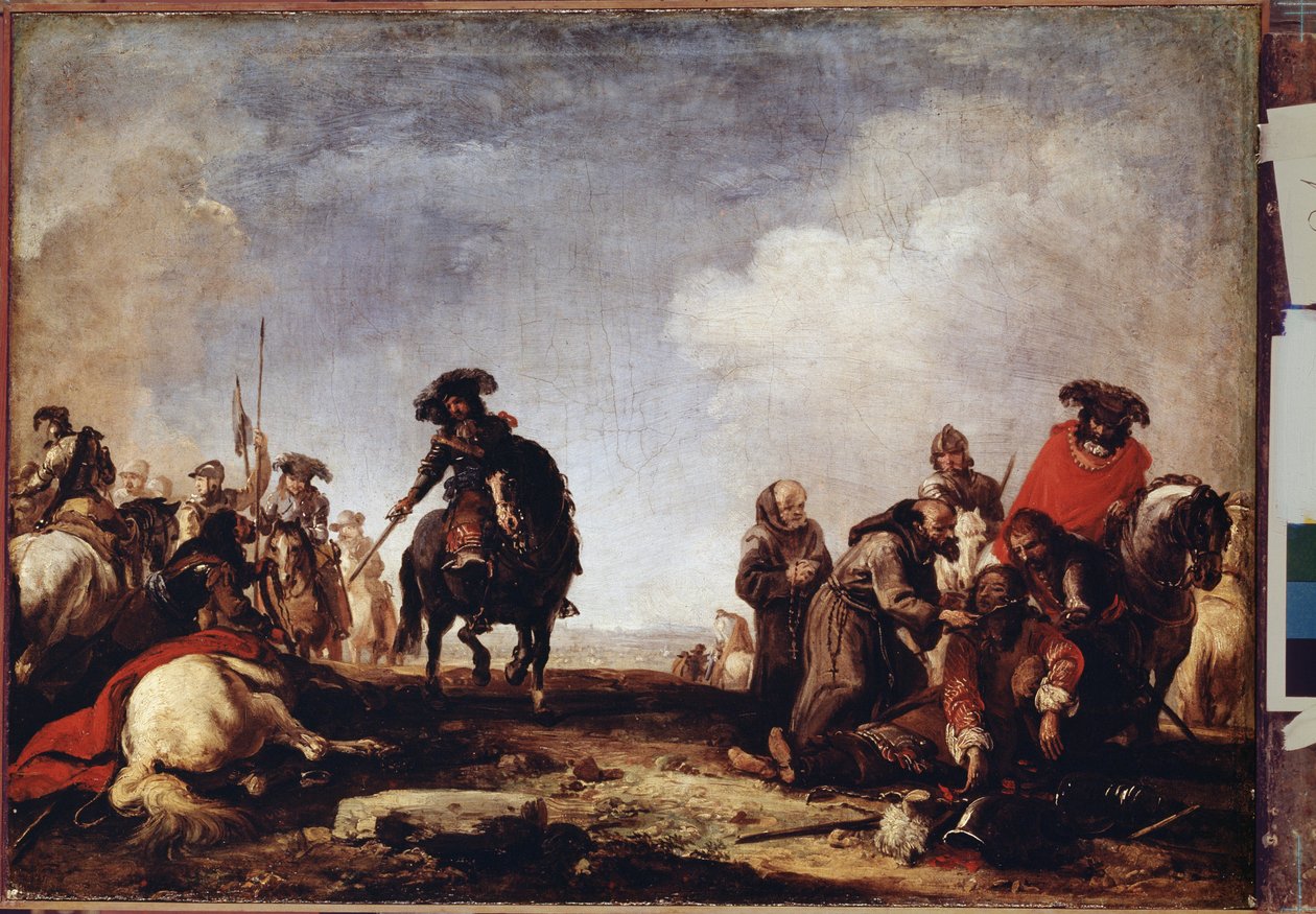""After the battle"" (Después de la batalla) Un grupo de monjes pasa entre los heridos para bendecirlos. Pintura de Jacques Courtois (1621-1696) Museo del Hermitage del siglo XVII, San Petersburgo (San Petersburgo) de Jacques Courtois