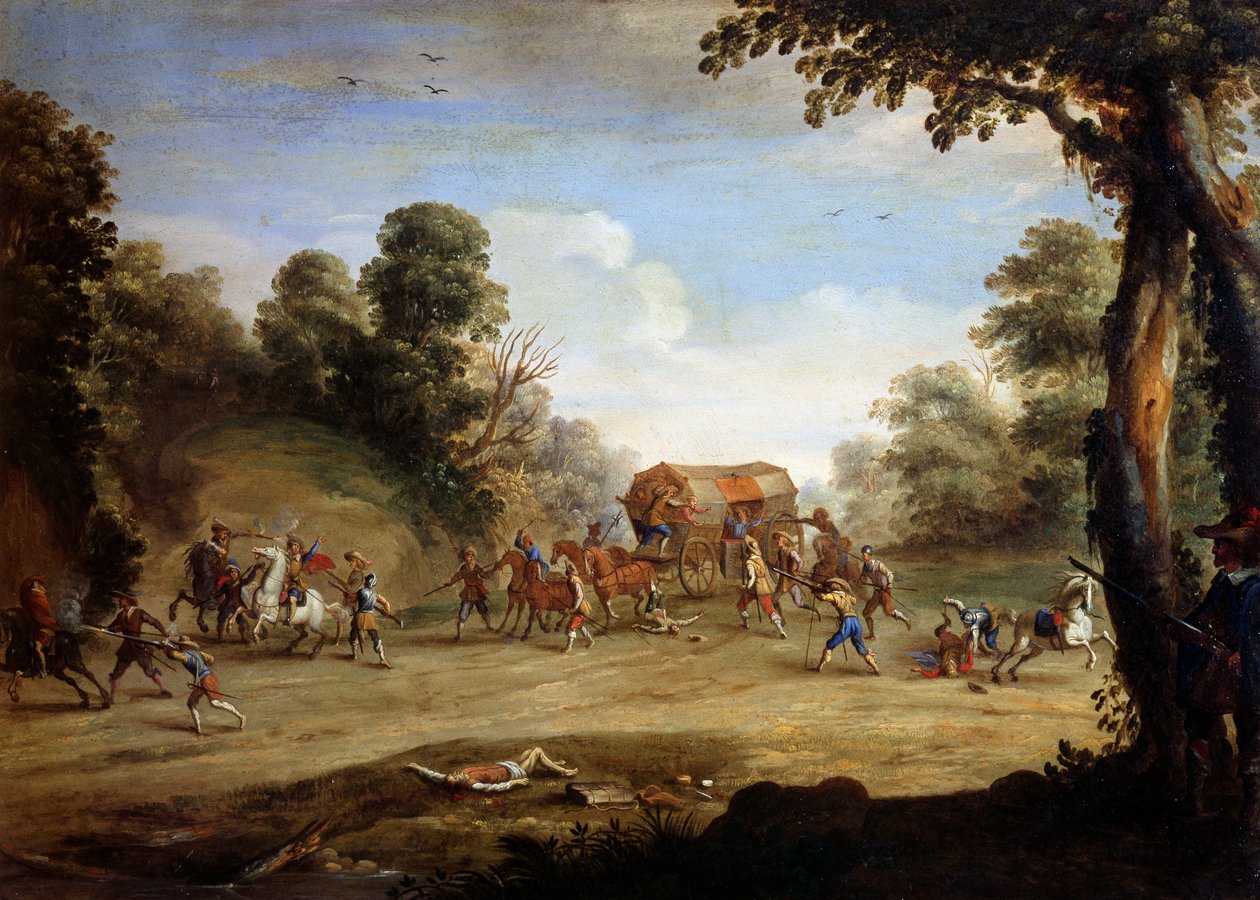 Vida de un soldado, saqueo de un carruaje de Jacques (after) Callot