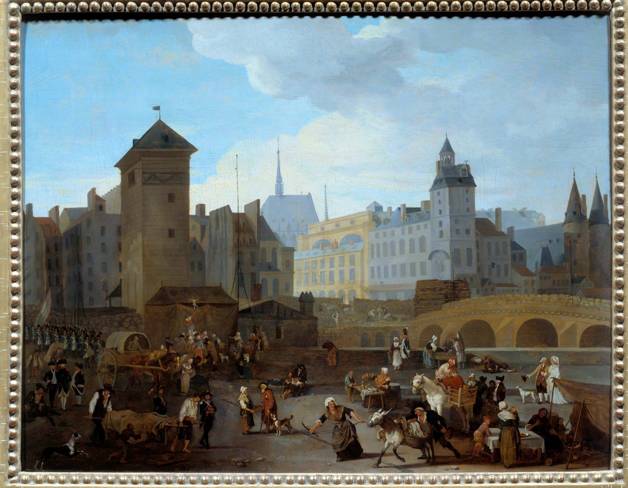 Revolución Francesa: Vista del puente y la bomba Notre-Dame en París de Jacques Albert Senave