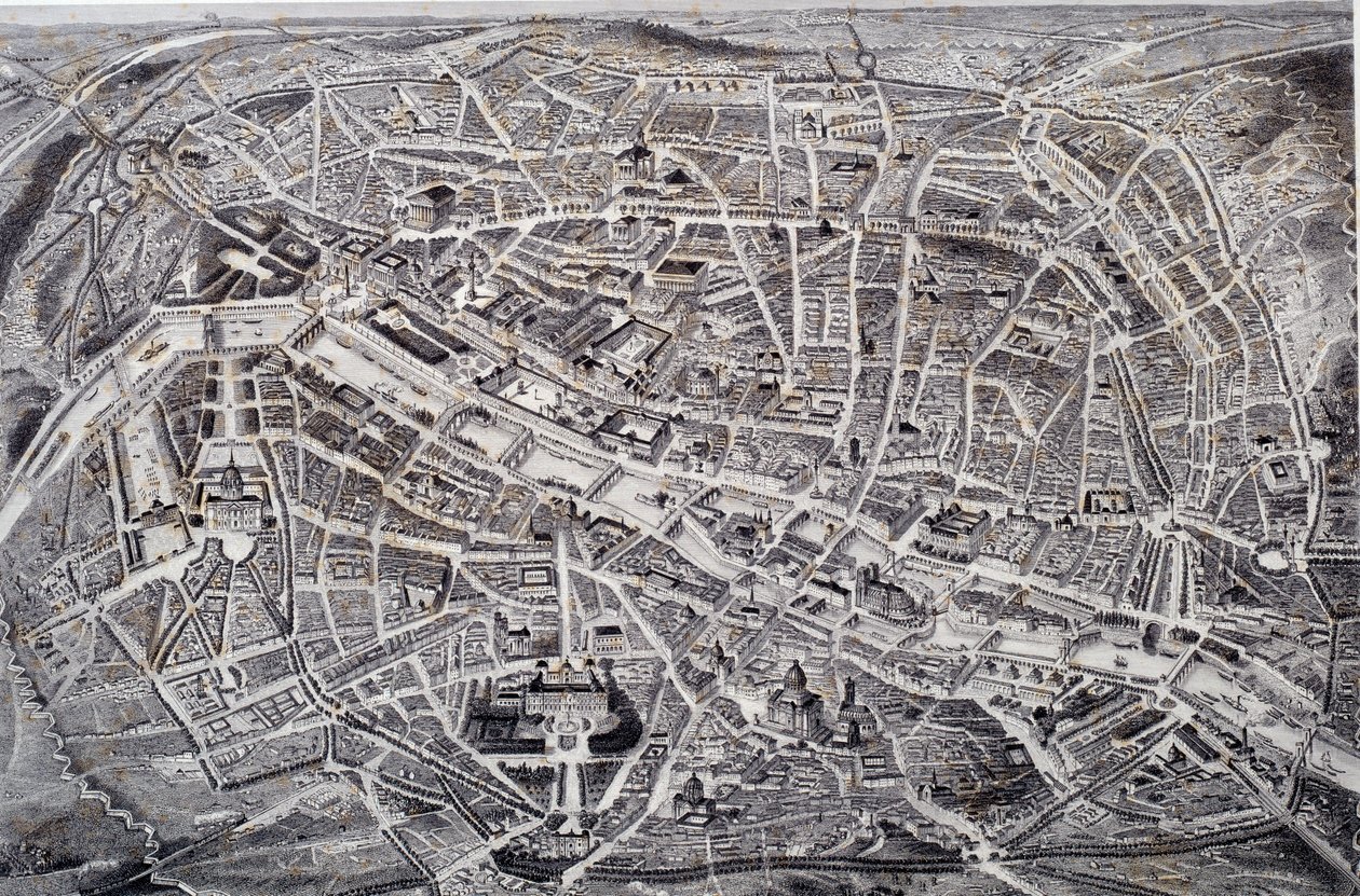 Mapa de París en relieve y vista de pájaro con sus alrededores y fortificaciones de Jacques Alphonse (after) Testard
