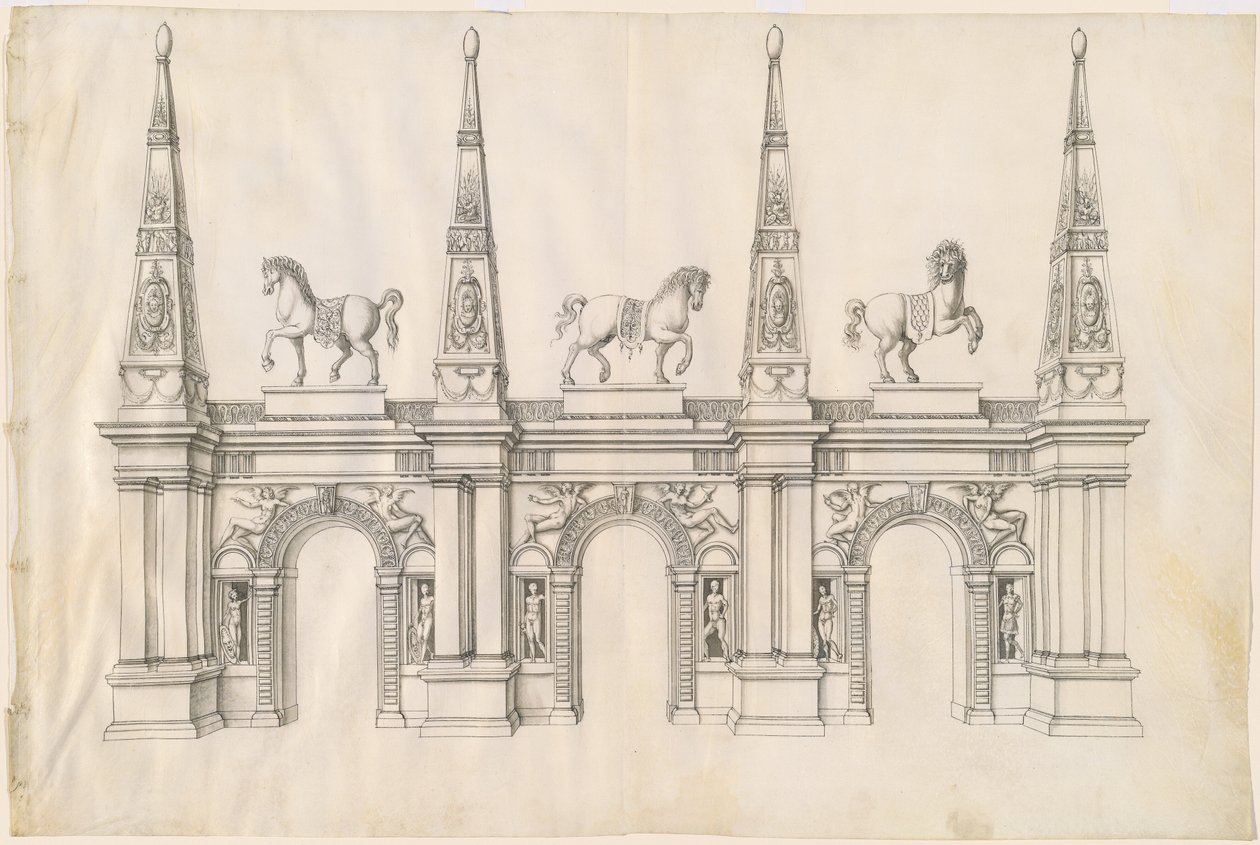 Un Arco Triunfal con Caballos Engalanados y Pináculos Ornamentados de Jacques Androuet Ducerceau I