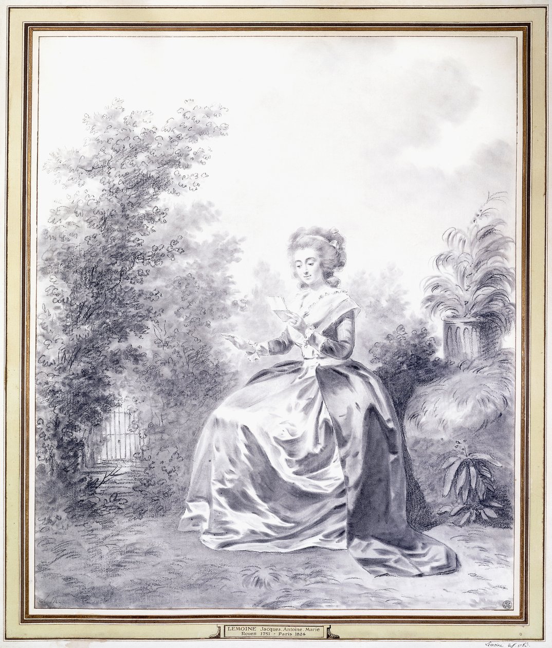 Retrato de Elisabeth Louise Vigee-Lebrun leyendo una carta sentada en el jardín de Jacques Antoine Marie Lemoine