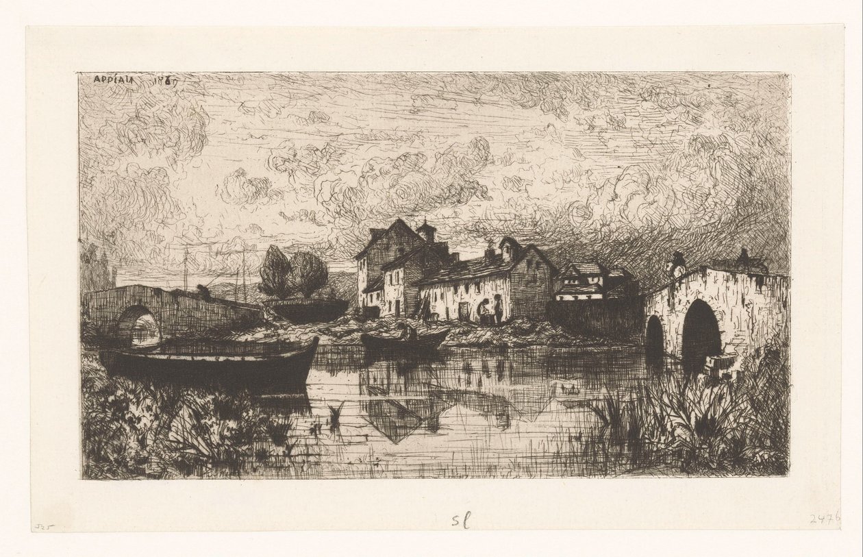 Vista de un pueblo ribereño con un puente a la derecha y a la izquierda de Jacques Barthélemy Appian (Adolphe)