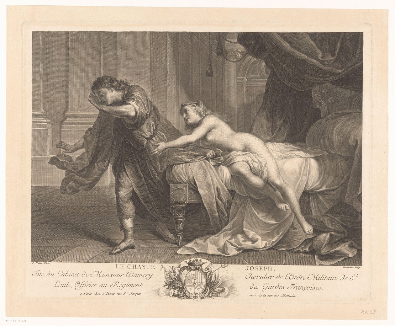 José resiste la tentación de la esposa de Potifar Le chaste Joseph (título sobre el objeto) de Jacques Beauvarlet