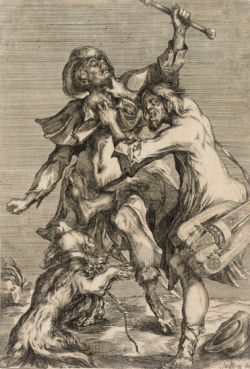 Un músico de zanfoña atacando a un peregrino de Jacques Bellange