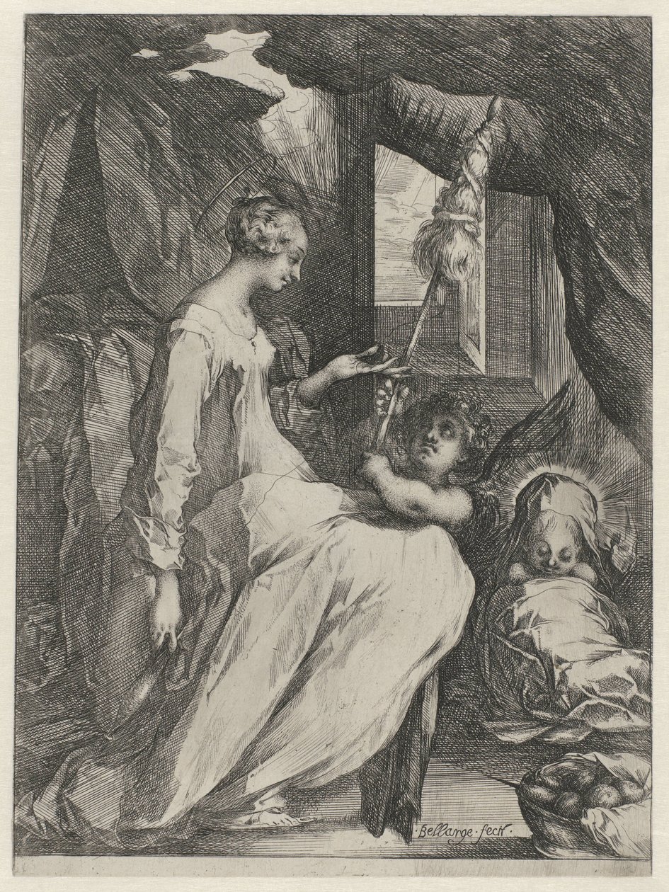 La Virgen María girando con el Niño Jesús y un ángel
María con el niño y un ángel que sostiene una falda giratoria de Jacques Bellange