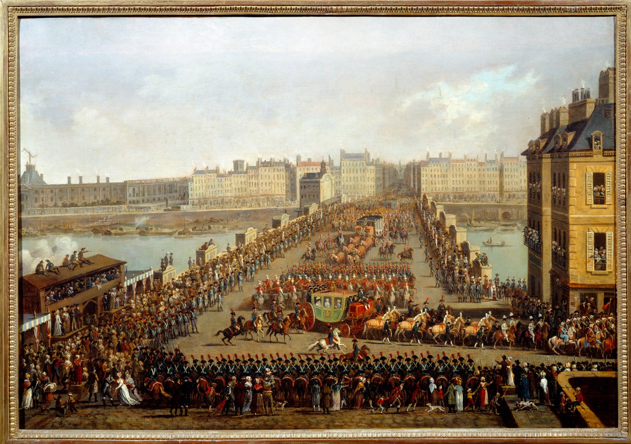 Cruce del nuevo puente por el cortejo imperial para la ceremonia de la consagración de Napoleón I el 2 de diciembre de Jacques Bertaux