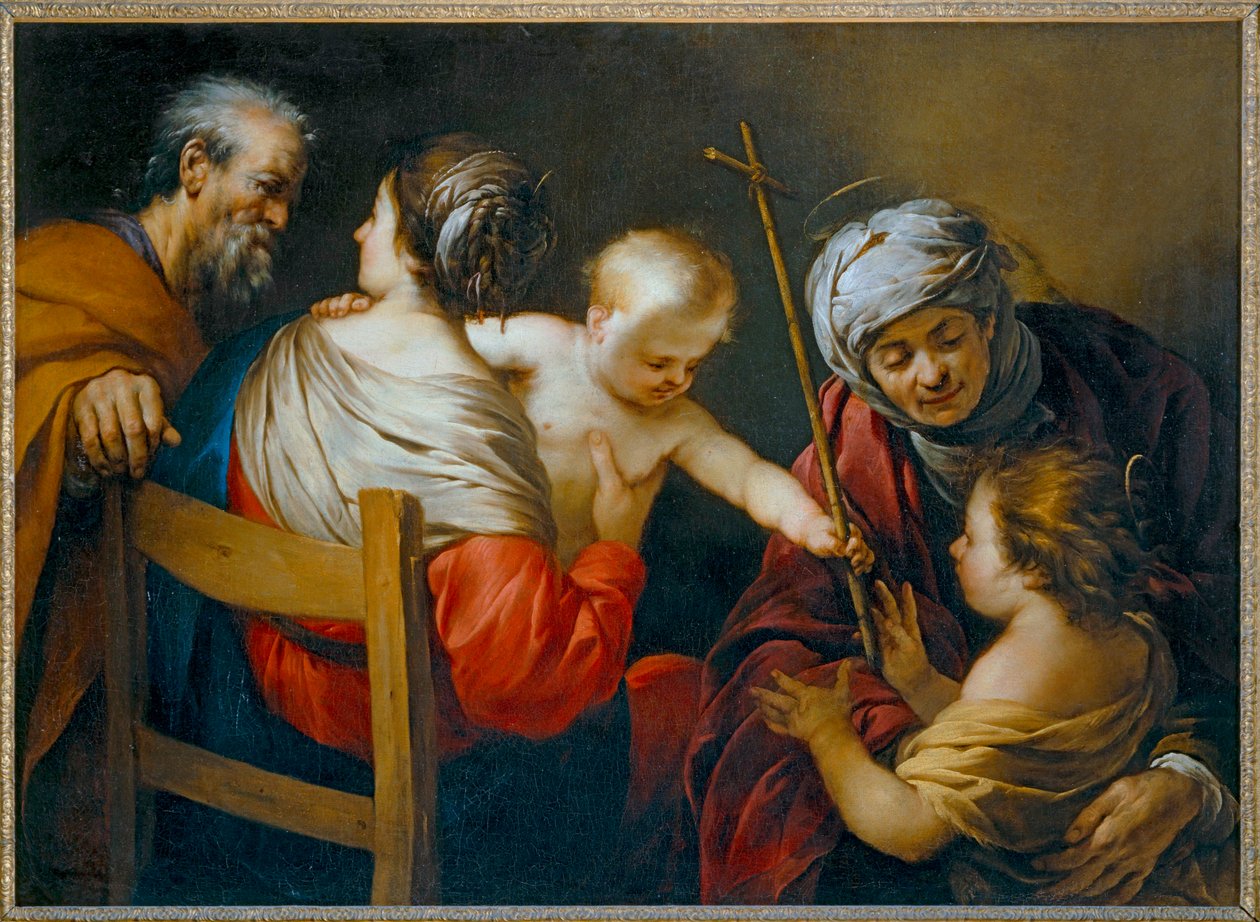 La Sagrada Familia con Santa Isabel y el pequeño San Juan Bautista a quien el Niño Jesús regala una cruz de caña - La Sagrada Familia con Santa Isabel ... de Jacques Blanchard