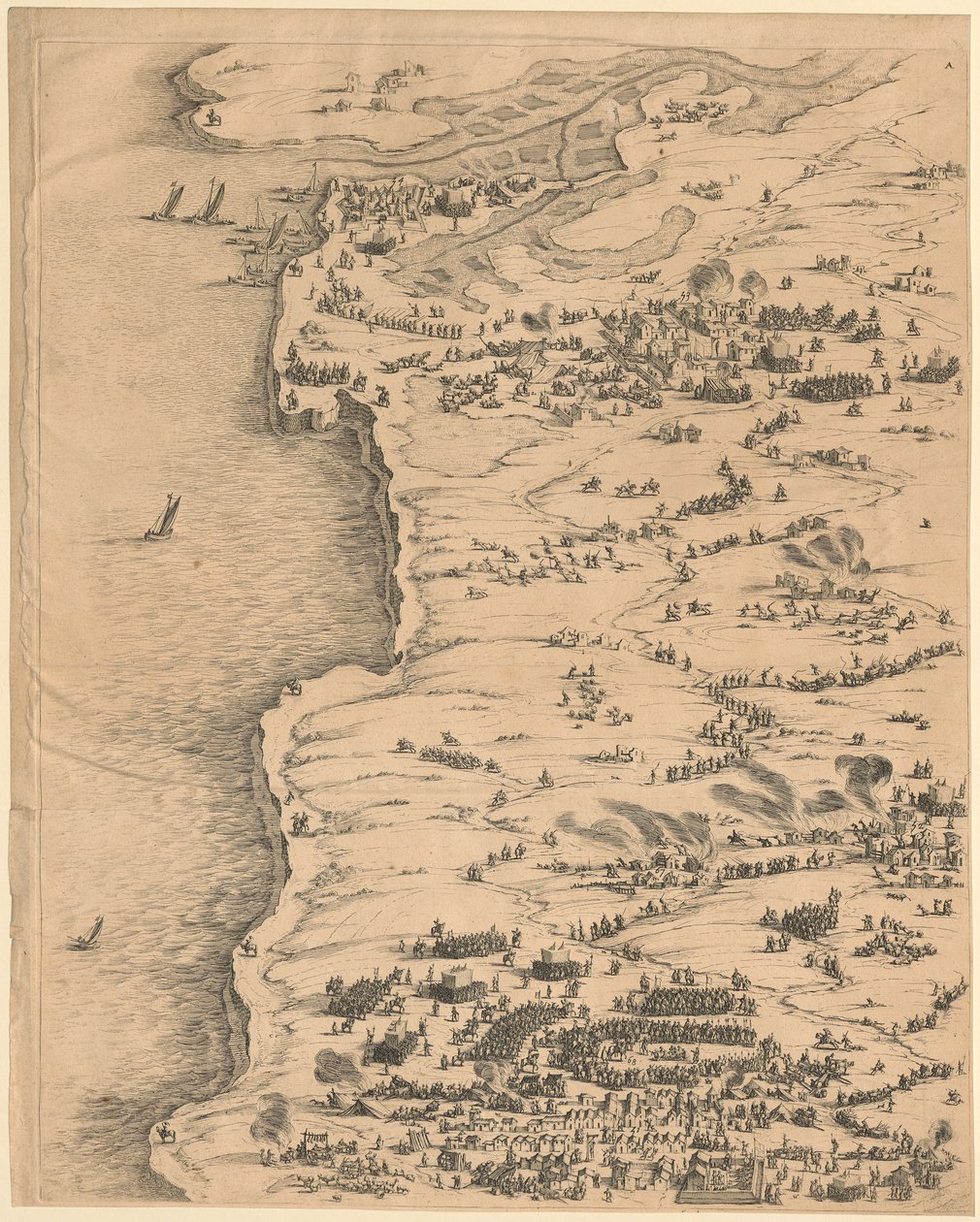 1. Cuadro de la esquina superior izquierda de «El asedio de La Rochelle» de Jacques Callot