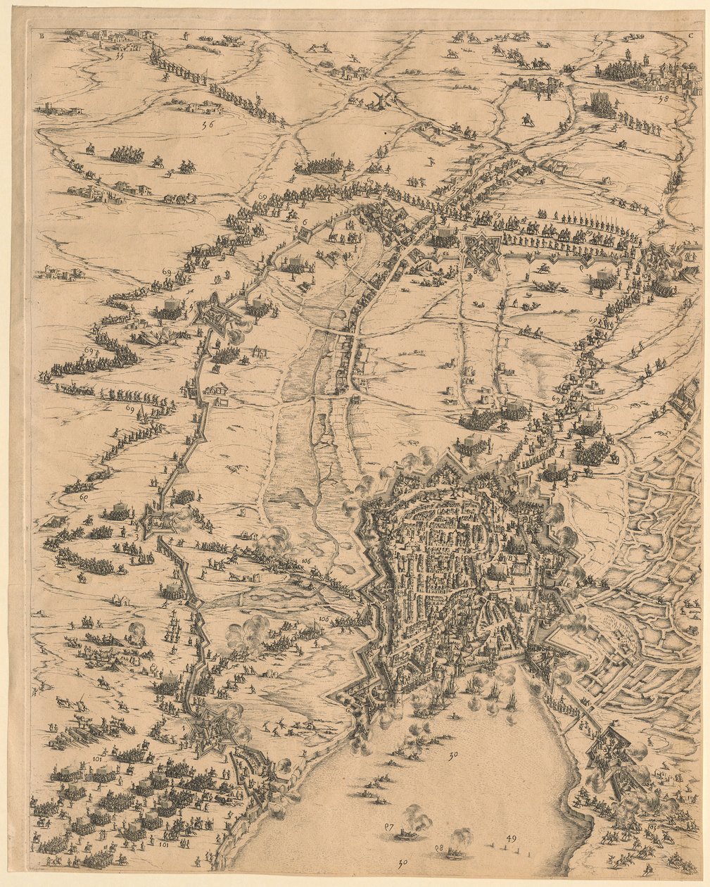 Lámina 2, arriba en el centro, de «El asedio de La Rochelle» de Jacques Callot