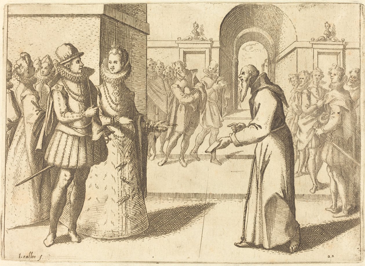 Un Capucio trayendo agradecimientos del Rey de Baviera, 1612 de Jacques Callot