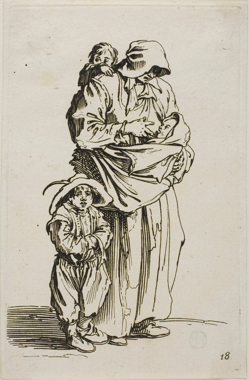 Una madre con sus tres hijos, placa 18 de Los mendigos de Jacques Callot