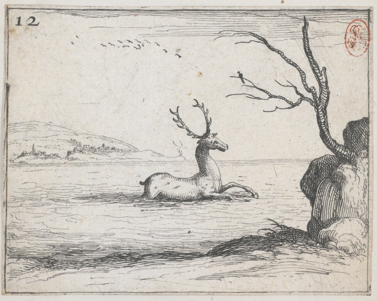 Un ciervo en el agua - núm. 12 de la serie de Jacques Callot
