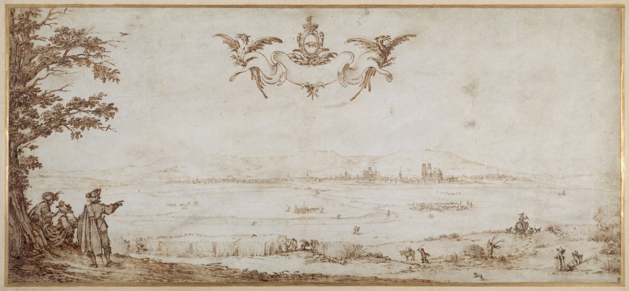 Vista de Toul a través de la llanura, paisaje con figuras, el cielo con los brazos de Porcellets de Jacques Callot