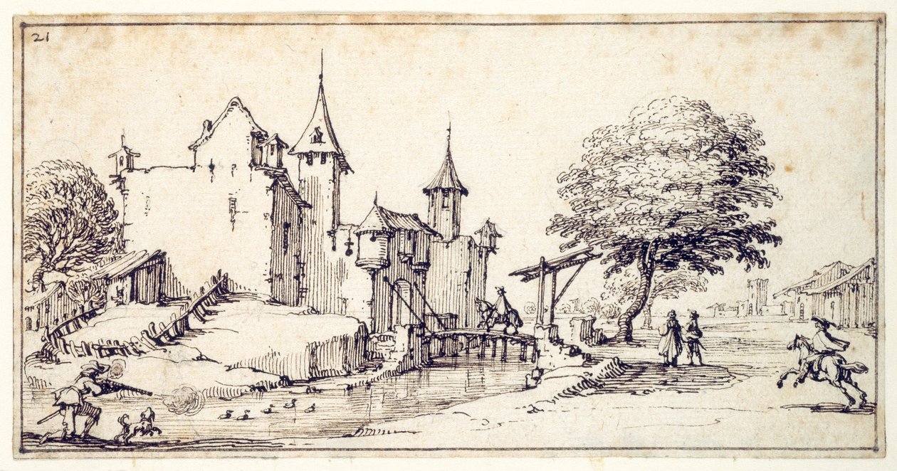 Un castillo con puente levadizo de Jacques Callot