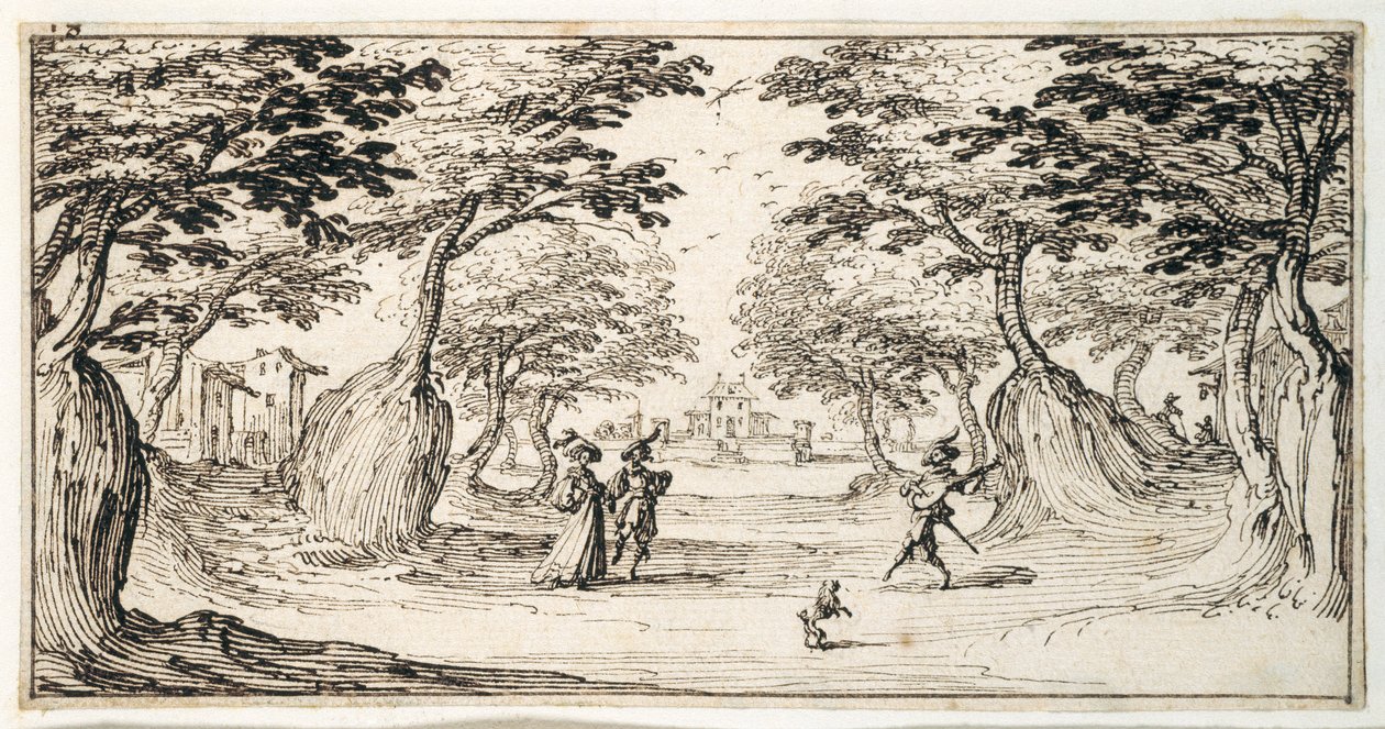 Una dama y un caballero bailando en el bosque al son de un laúd, un castillo en la distancia de Jacques Callot