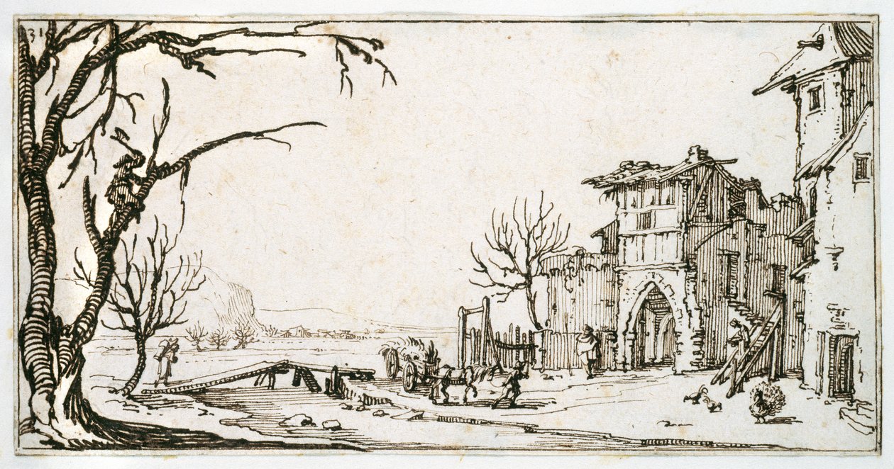 Un carro de heno siendo llevado a la puerta medieval de un pueblo, un hombre cortando una rama, de un álbum perteneciente a Israel Silvestre, c.1630 de Jacques Callot