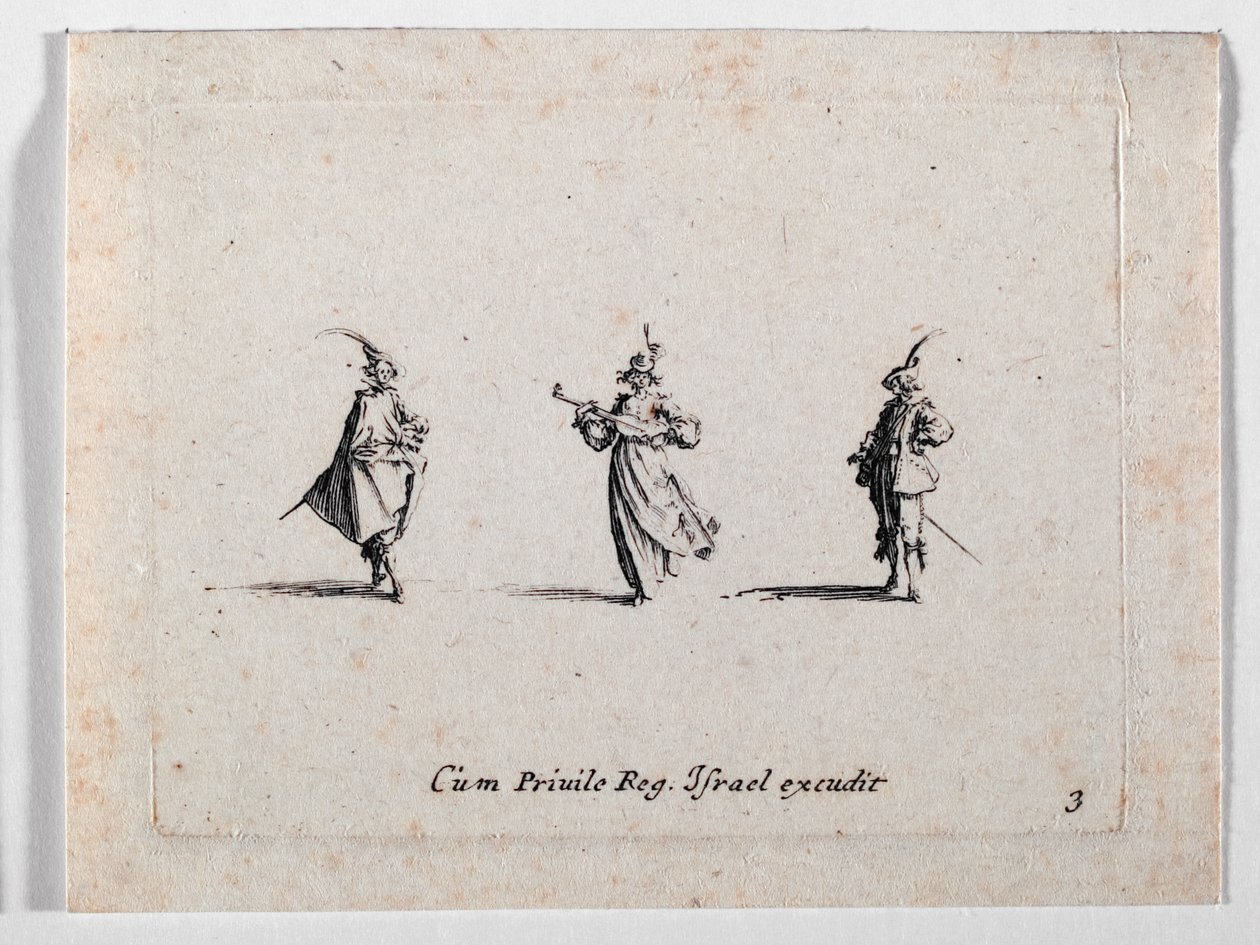 Una dama haciendo música y dos caballeros, de ... (grabado) de Jacques Callot