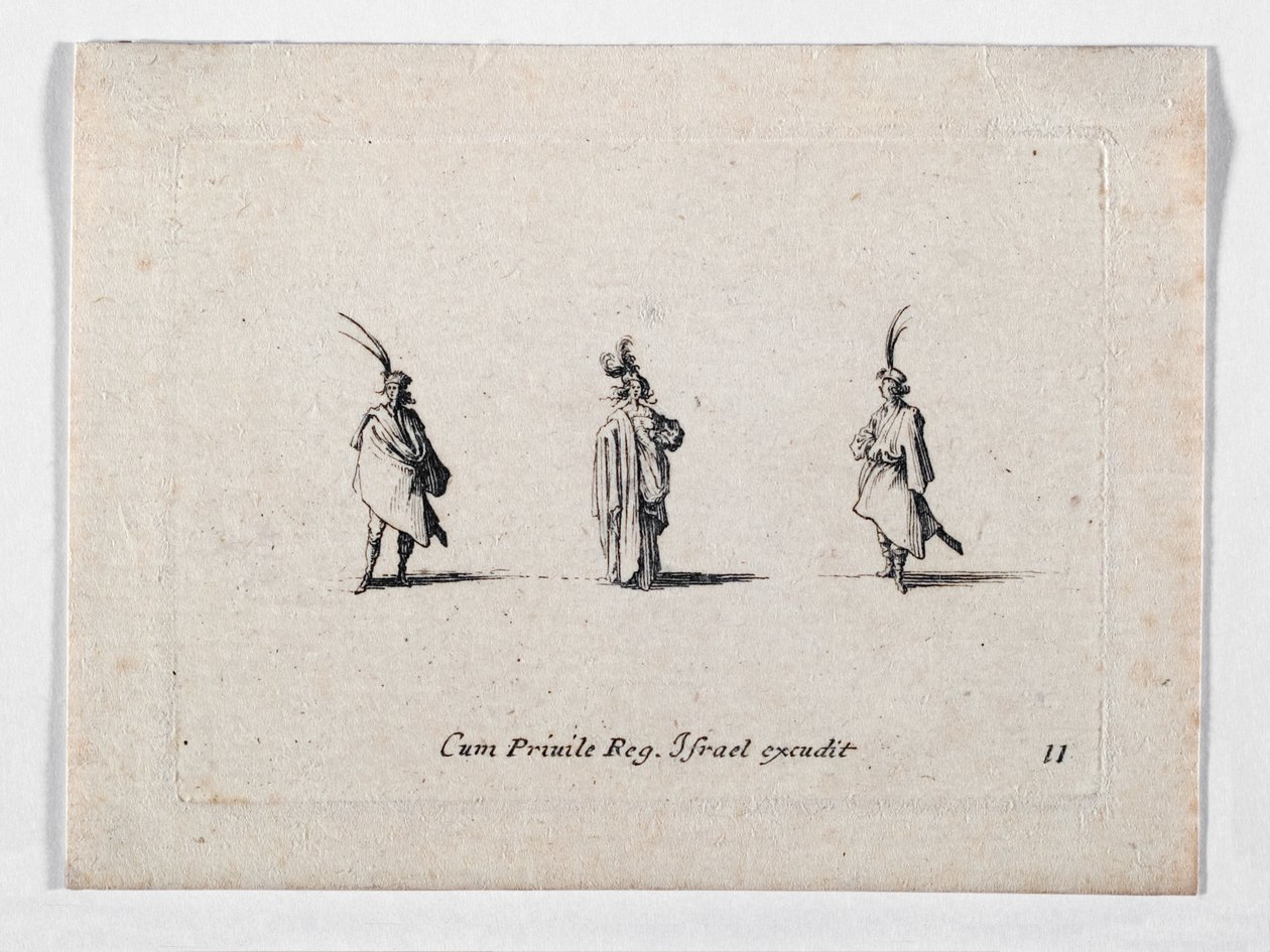 Una dama con un abrigo largo y dos caballeros, de ... (grabado) de Jacques Callot