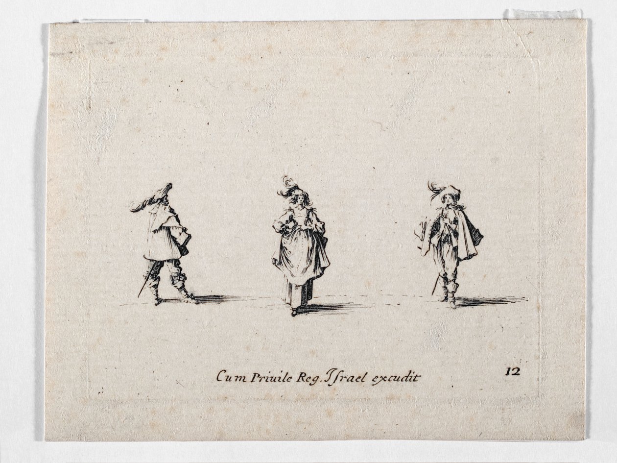 Una dama con sombrero emplumado y dos caballeros, de ... (grabado) de Jacques Callot
