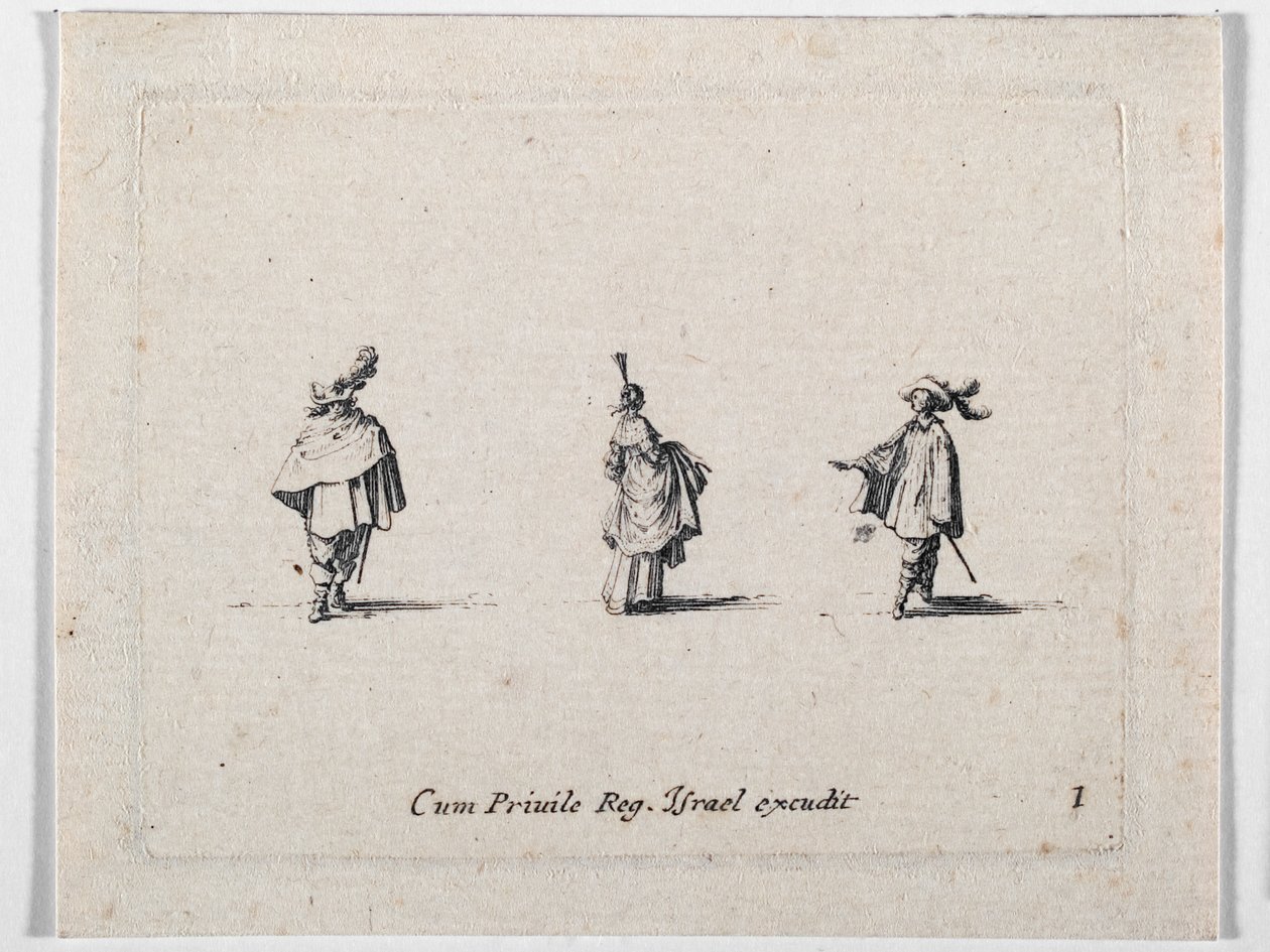 Una dama con falda fruncida y dos caballeros, de Les Fantaisies de Noble J. Callot ... (grabado) de Jacques Callot