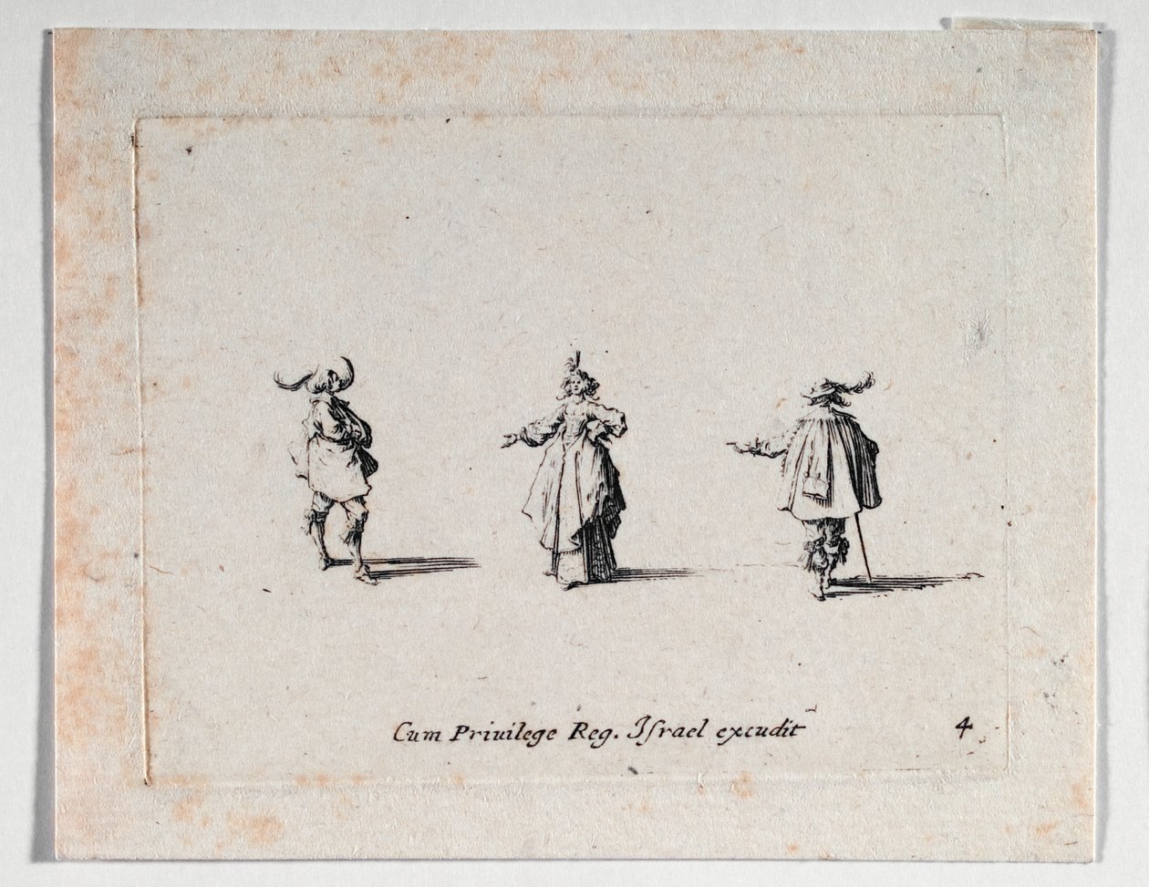 Una dama con la mano extendida y dos caballeros, de ... (grabado) de Jacques Callot