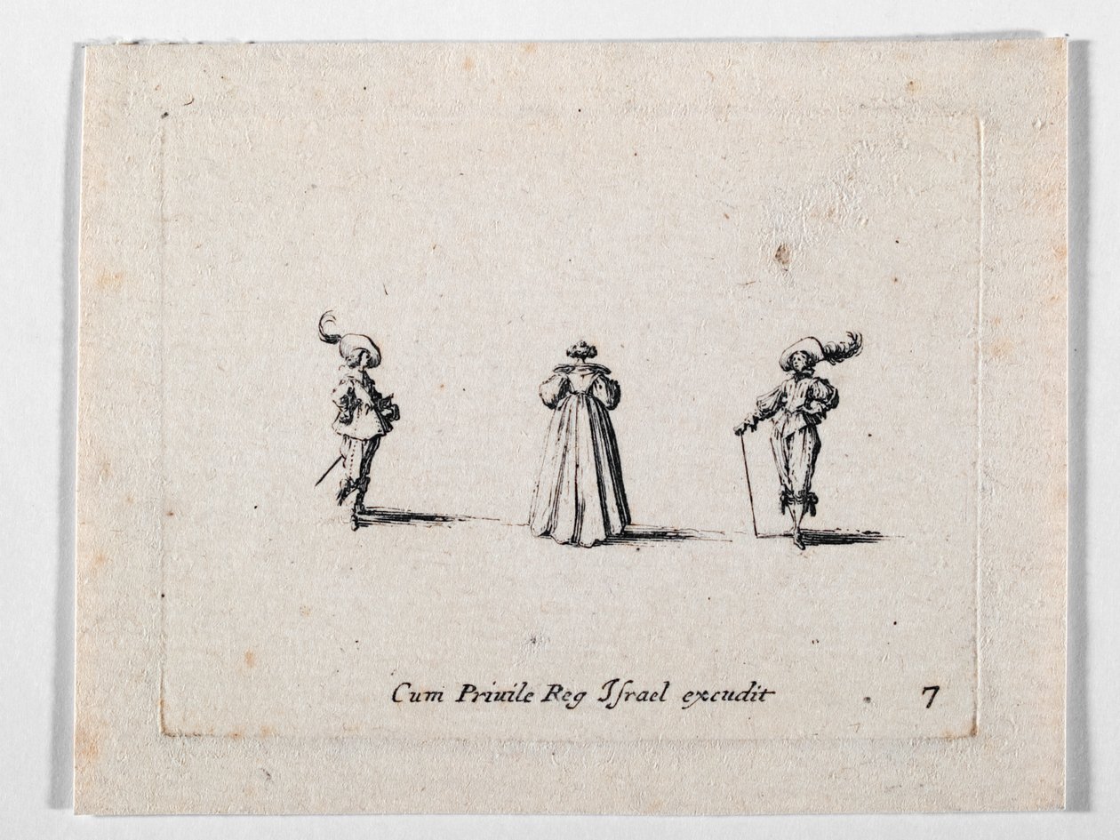 Una dama con vestido ricamente plisado, vista de espaldas, y dos caballeros, de Les Fantaisies de Noble J. Callot ... (grabado) de Jacques Callot