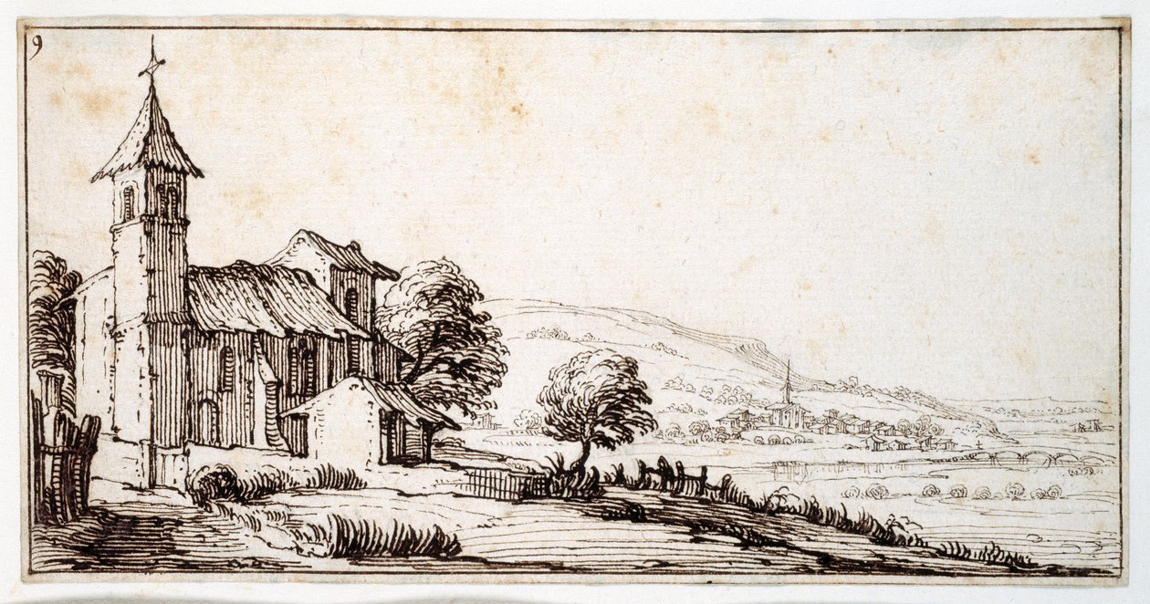 Un paisaje fluvial cerca de Nancy, con la iglesia del pueblo de Maxeville y otra en la distancia media, de un álbum perteneciente a Israel Silvestre, c.1630 de Jacques Callot