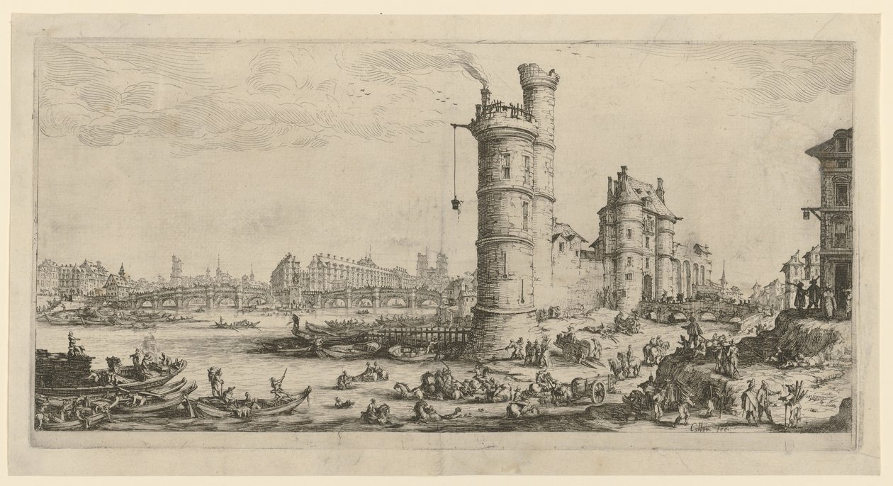 Vista del Pont-Neuf, lámina de la serie «Dos grandes vistas de París» de Jacques Callot