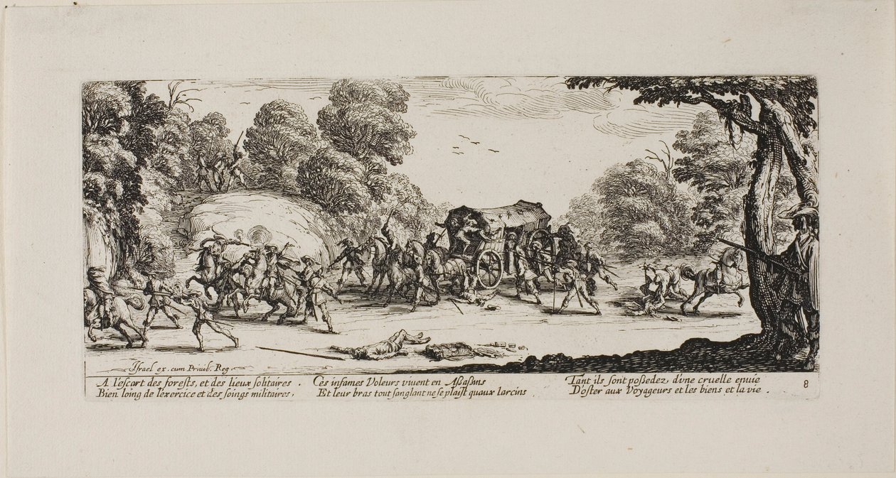 Ataque a la diligencia, lámina ocho de Las miserias de la guerra de Jacques Callot