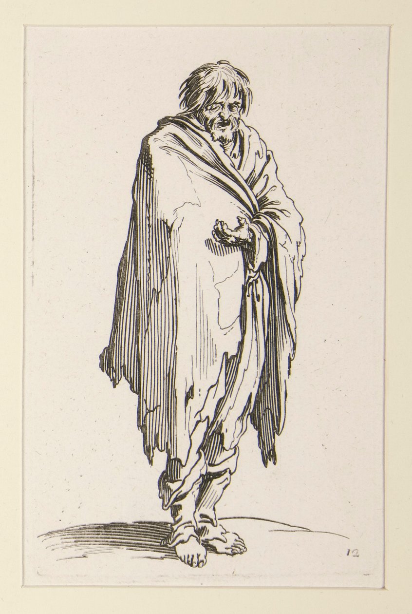 Mendigo con la cabeza descubierta y los pies descalzos, de The Beggars de Jacques Callot