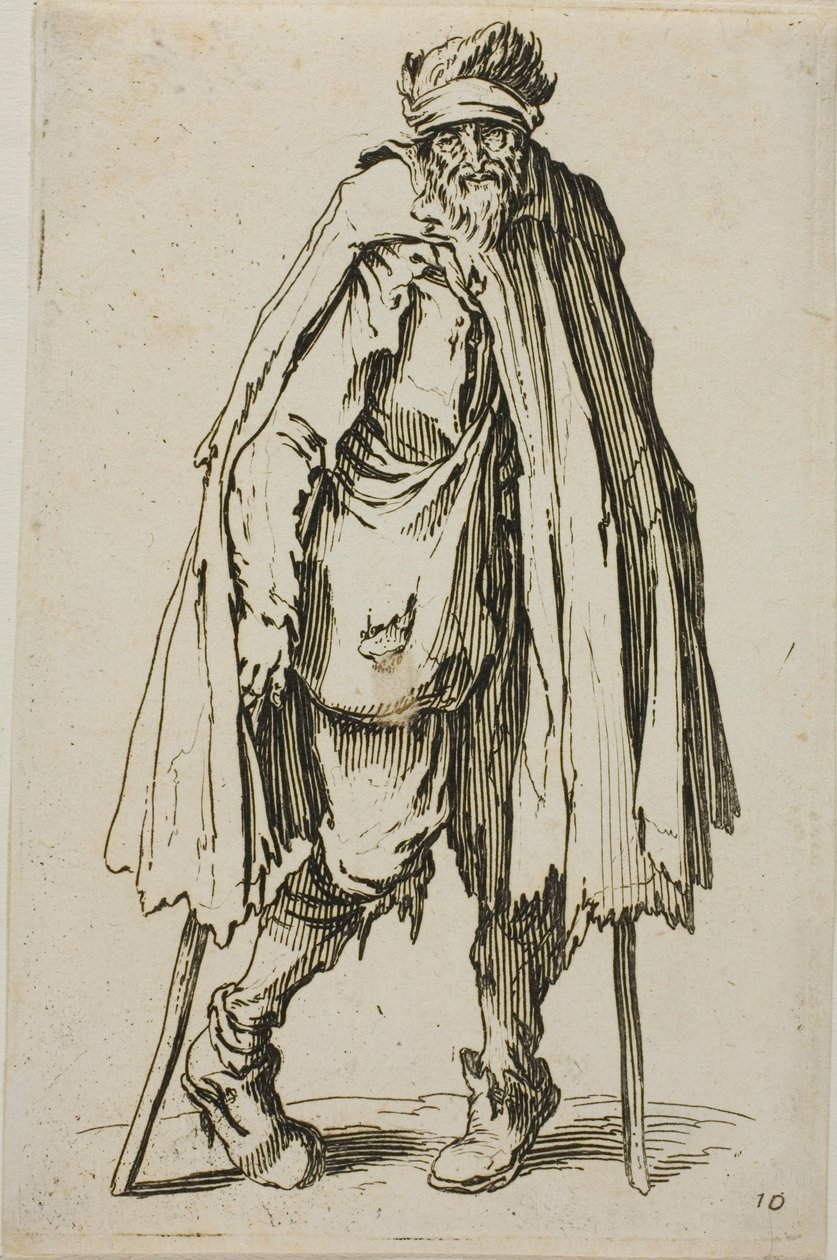 Mendigo apoyado en un bastón, lámina diecinueve de Los mendigos de Jacques Callot