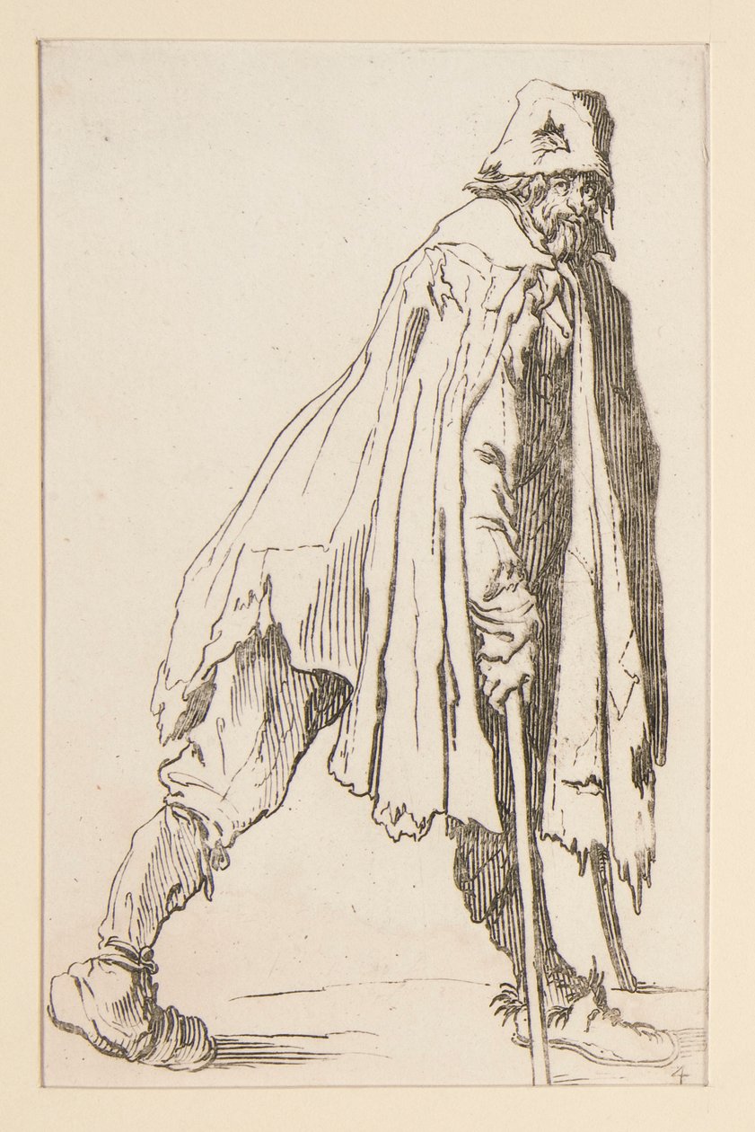 Mendigo con gorra, con muletas, de The Beggars. de Jacques Callot